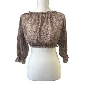 Polly Leopard Print Off-Shoulder Smocked Hem Long Sleeve Crop Top Woman's Size 2